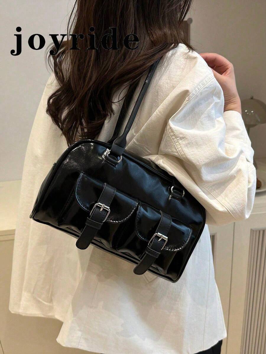 1 pieza Bolso de mano vintage minimalista con cremallera, decorado con bolsillos, asas dobles, adecuado para uso casual y de viaje diario de mujeres - Negro - Ver 1