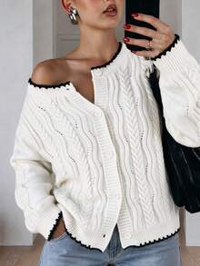Women's Cropped White Cable Knit Cardigan With Black Trim, Long Sleeve Round Neck Button-Up Sweater For Fall - White - View 1