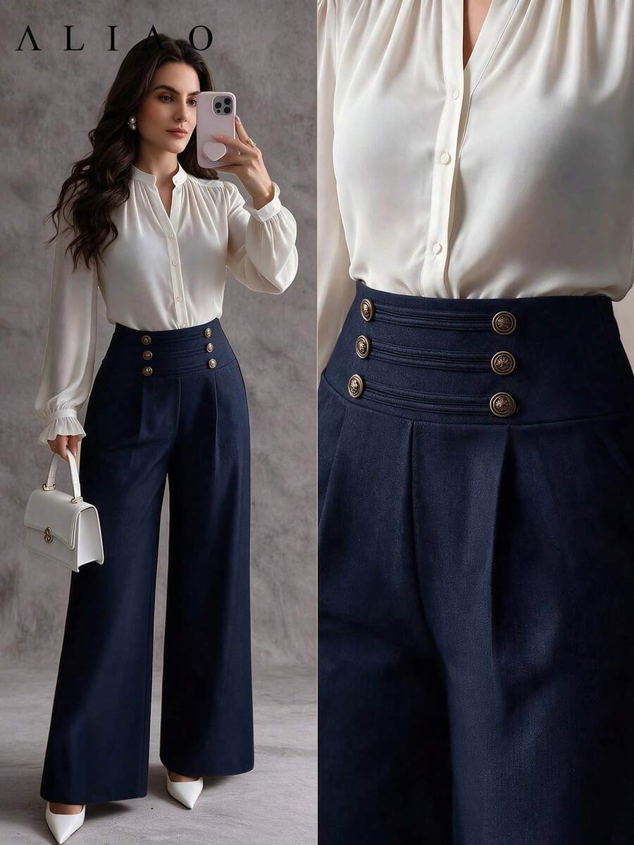 Aliao All-Season Military Style Denim-Look Front Button Wide Leg Pants For Women, Elegant Formal Commute Date Daily Trousers - Navy Blue - View 1