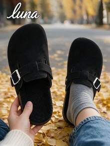 Wide Fit Closed Toe Cork Slippers, Suede Upper Slip-On, Fashionable Plus Size European & American Style Unisex Couple Closed Toe Slippers, Available In Thermal Lined And Non-Thermal Lined Options, Suitable For Wide Feet - Black Fleece Lining - View 2
