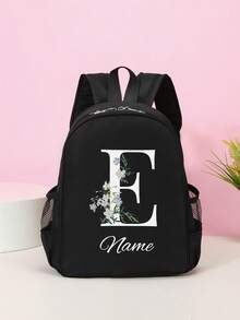 1pc Customizable Minimalist Black Backpack, A-Z 26 Letters White Daisy Pattern, With Zipper Closure And Adjustable Shoulder Straps, Durable And Long-Lasting, Perfect For Daily Use, School And Travel, Ideal Birthday Gift, Christmas Gift - Black - View 18