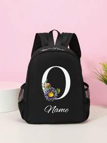 1pc Customizable Minimalist Black Backpack, A-Z 26 Letters White Daisy Pattern, With Zipper Closure And Adjustable Shoulder Straps, Durable And Long-Lasting, Perfect For Daily Use, School And Travel, Ideal Birthday Gift, Christmas Gift - Black - View 26