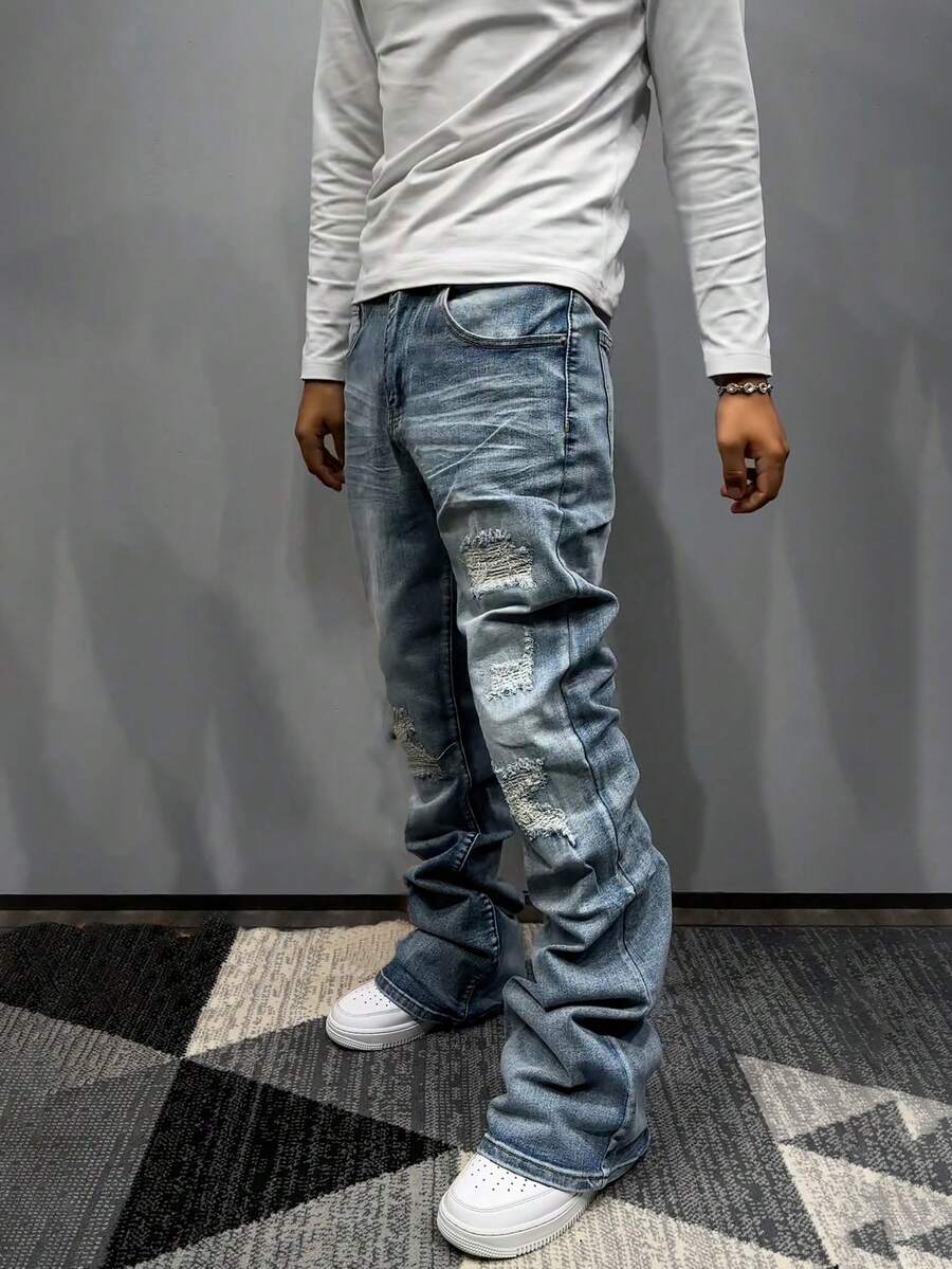 Men's Denim Jeans, Flared Jeans, Bell Bottom Jeans, Slim Fit Pants, Distressed Flared Jeans, Patchwork Flared Pants, Washed Denim Jeans, Y2K Stacked Pants, Contrast Wash Patchwork Embroidery, All Season Wear - Blue - View 1