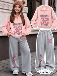 2pcs/Set Girls Casual Half-Zip Polo Collar Sweatshirt With 32 And Letter Print, Paired With Simple Wide Leg Pants, Autumn/Winter New Girls Outfit - Pink - View 1