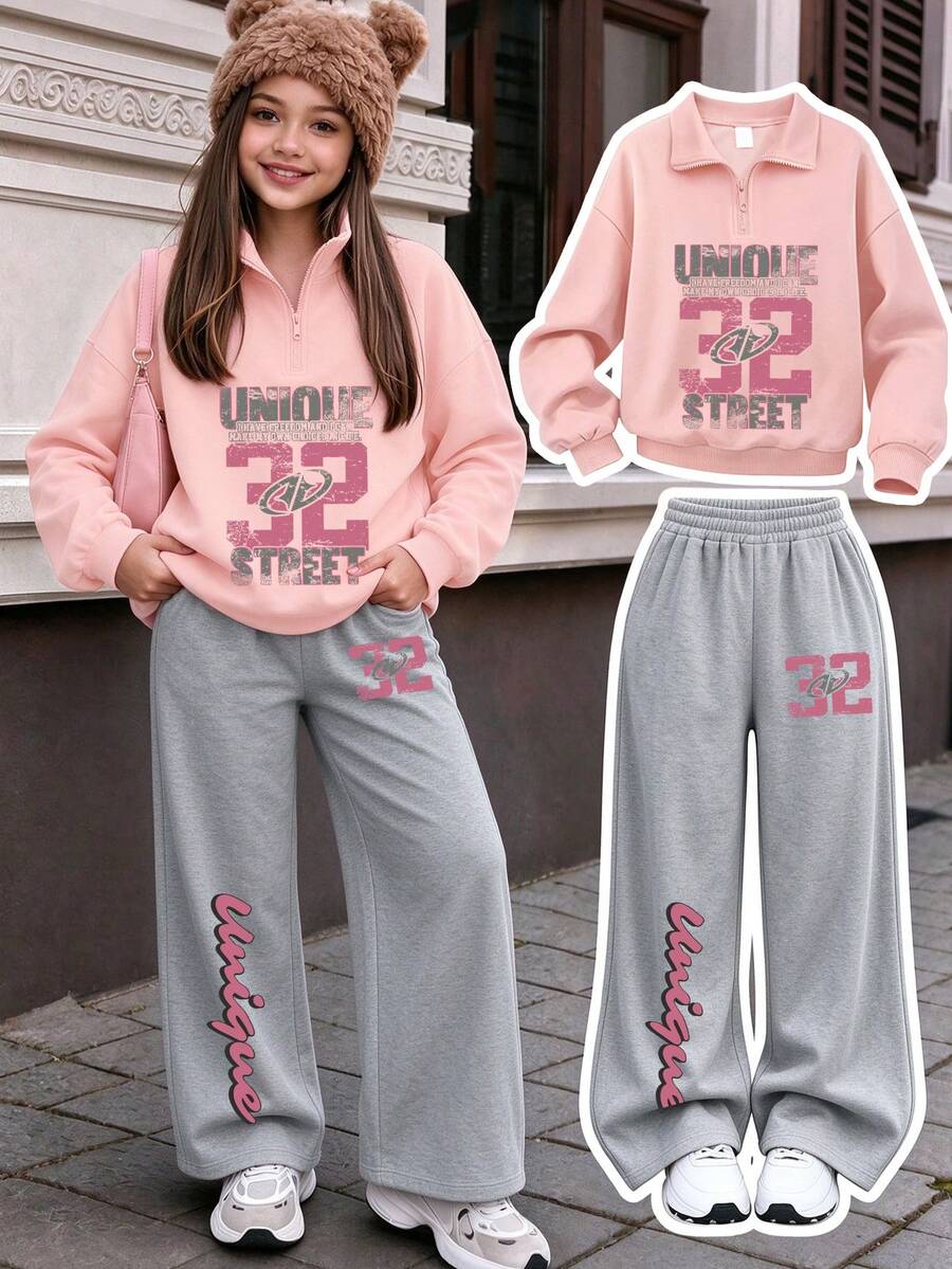 2pcs/Set Girls Casual Half-Zip Polo Collar Sweatshirt With 32 And Letter Print, Paired With Simple Wide Leg Pants, Autumn/Winter New Girls Outfit - Pink - View 1