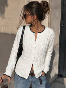 Women's Cropped White Cable Knit Cardigan With Black Trim, Long Sleeve Round Neck Button-Up Sweater For Fall - White - View 4