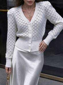 Women's V-Neck Hollow Out Sequin Knit Short Cardigan, Pearl Button Front Placket Long Sleeve Sheer Knit Sweater - White - View 2