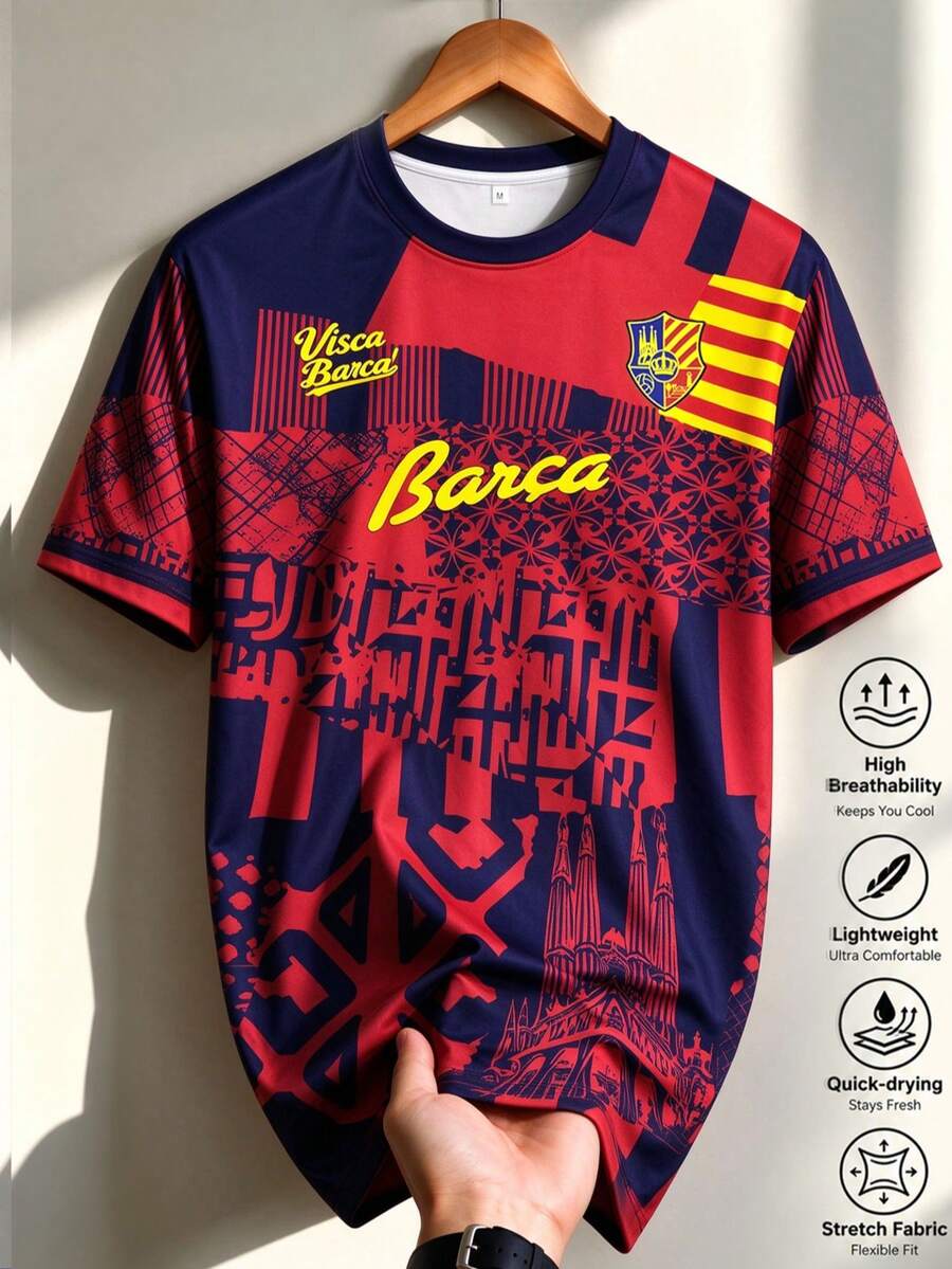 Men's Barcelona Football Jersey T-Shirt, Spanish Style Top, Suitable For Matches, Street, Parties And Daily Wear, For Men, Teens, Fans, Gift