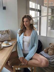 Elegant Fall Winter Cable Knit Cardigan For Women, Light Blue V Neck Cropped Sweater With 3D Flower Buttons, Hollow Out Long Sleeve Knit Jacket - Blue - View 1