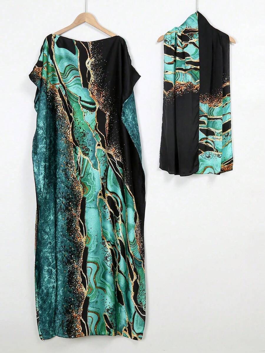 1pc Women's Geometric Print Cover-Up Set, Vacation Beach Sun Protection, Casual Versatile Pullover Shawl With Satin Scarf Set, Daily Accessory - Water Ripple - Green - View 1