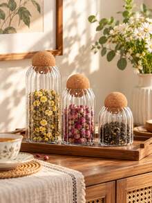 1pc Transparent Striped Glass Jar With Sealed Spherical Lid, Heat-Resistant And Moisture-Proof Food Storage Container For Coffee Beans, Spices, Salt, Dried Fruits, Herbal Tea And Desserts, Kitchen Storage Tool - Multicolor - View 12