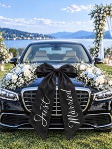Personalized Large Car Bow For Newlyweds, Custom Text Wedding Car Decoration, White Satin Bride Front Car Bow, Just Married Bow - Multicolor - View 5