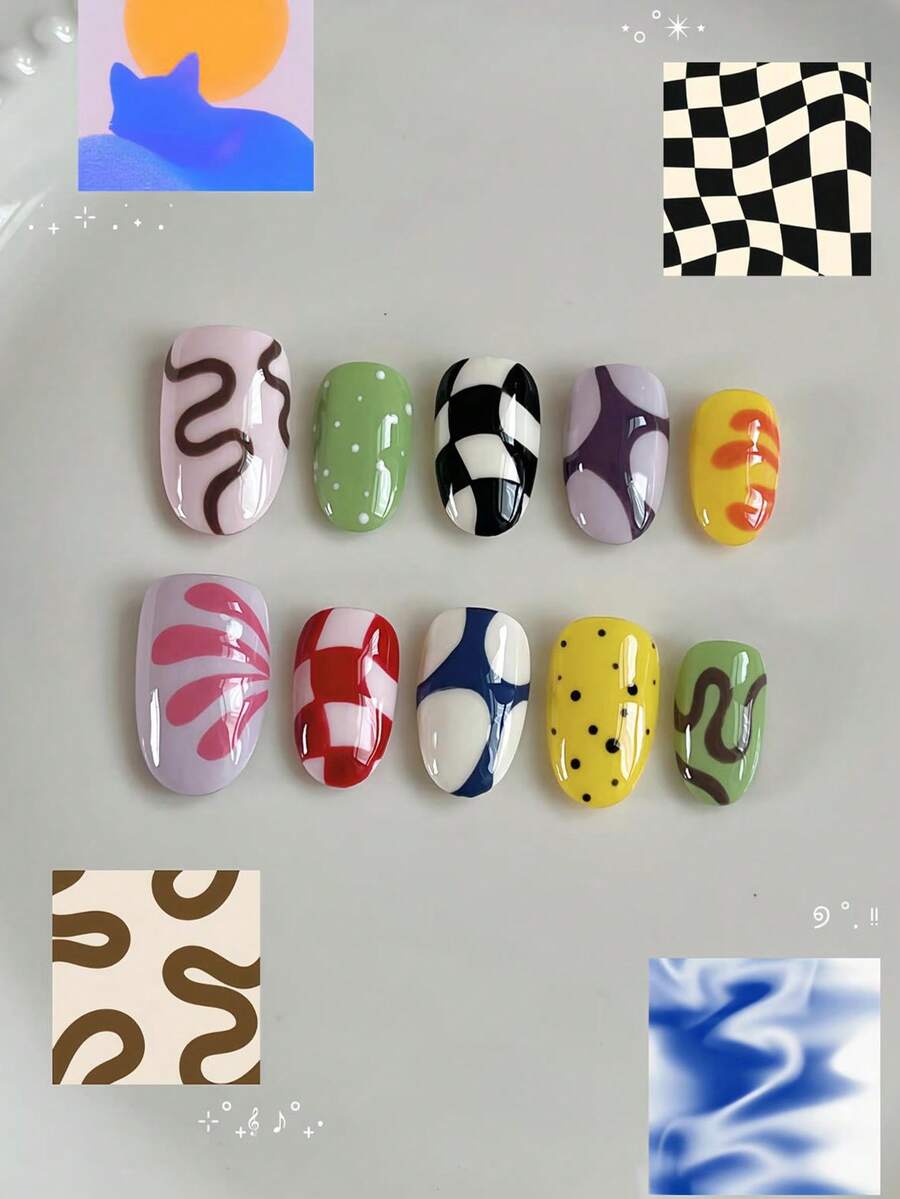 30片短橢圓形穿戴式假指甲,線條與波點美甲設計,套裝包含:1片果凍膠與1片指甲锉,適合女性與女孩日常工作與生活使用 - 彩色 - 查看 1