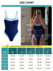 Women's Color Block Square Neck Wide Strap One-Piece Swimsuit, Slim Fit Accentuates Body Curves, Fashionable Beach Style Vacation Summer - Royal Blue - View 5