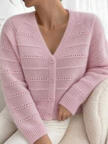 QUNGIGU Áo len cardigan nữ cổ chữ V, họa tiết rỗng phối sọc, cài cúc, tay dài, dệt kim, phong cách thường ngày, đi làm, đi chơi, hẹn hò cho mùa thu đông - Hồng - Xem 4