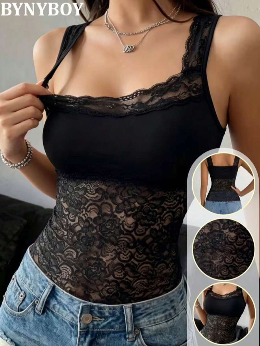 Sexy Lace Patchwork Tank Top, Cross-Border Bestseller, Backless Spaghetti Strap Camisole, Anti-Exposure Undershirt