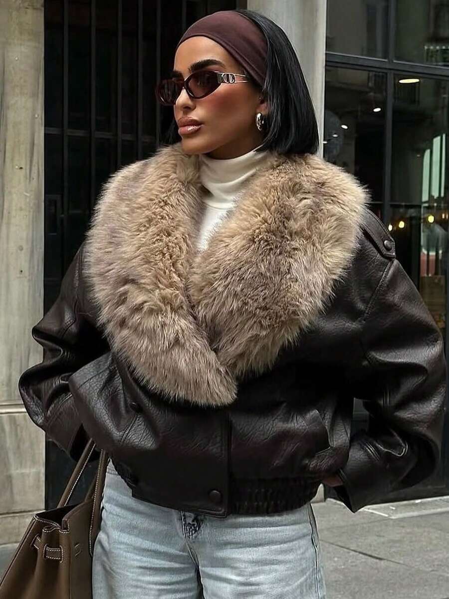 Women's Detachable Faux Leather Jacket With Fur Collar, High Street Casual Double-Breasted Coat, Fashion New Style For Spring/Winter