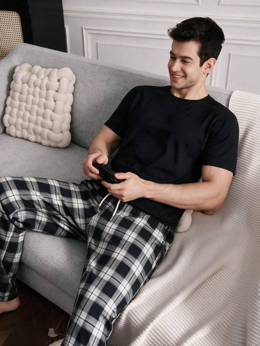 Men's Summer Crew Neck Casual T-Shirt And Casual Long Pants Loungewear Set - Black - View 1