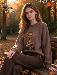 Women's Plus-Size Knit Top, Featuring A Giraffe Pattern, Long Sleeves, A Crew Neck, And A Regular Fit-An Ideal Choice For Autumn Outfits. - Brown - View 4