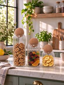 1pc Transparent Striped Glass Jar With Sealed Spherical Lid, Heat-Resistant And Moisture-Proof Food Storage Container For Coffee Beans, Spices, Salt, Dried Fruits, Herbal Tea And Desserts, Kitchen Storage Tool - Multicolor - View 6