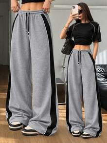 Women's Gray & Black Colorblock High Waist Loose Wide Leg Sports Pants, Elastic Drawstring Waist Side Colorblock Trim Straight Leg Casual Pants, Spring/Autumn Daily Versatile Streetwear Commute Sports Outfit - Light Grey - View 1