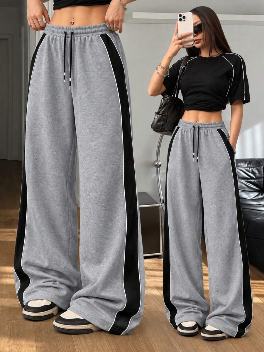 Women's Gray & Black Colorblock High Waist Loose Wide Leg Sports Pants, Elastic Drawstring Waist Side Colorblock Trim Straight Leg Casual Pants, Spring/Autumn Daily Versatile Streetwear Commute Sports Outfit - Light Grey - View 1