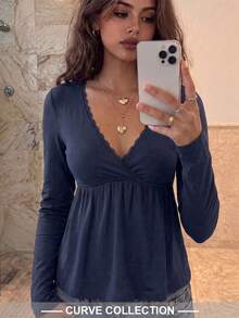 SCARLUX 秋季 Y2K 女款基礎款蕾絲飾邊 V 領長袖短版荷葉邊上衣，海軍藍襯衫，適合返校季休閒穿著 - 藏青色 - 查看 3