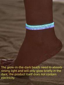 4pcs Glow-In-The-Dark Colorful Beaded Anklets, Light-Absorbing Glowing Beach Women's Elastic Anklets (Glow-In-The-Dark Beads Need To Absorb Strong Light Exposure To Glow Briefly In The Dark, Product Itself Does Not Carry Electricity) - Multicolor - View 4