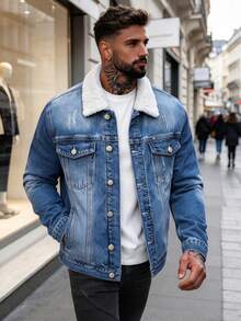 Men's Light Blue Distressed Collar Denim Jacket, American Western Trucker Vintage Denim Coat - Medium Wash - View 11