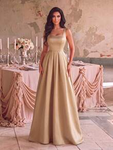 Bridesmaid Elegant Emerald Green Sleeveless Long Dress, Square Neck Strap Backless Design, Luxurious Non-Stretch Satin - Champagne - View 7