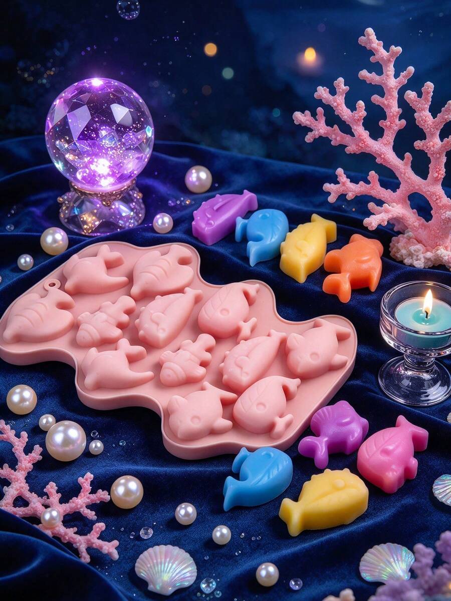 12-Cavity Ocean Creature Shaped Silicone Soap Mold, 3D Dolphin Whale Fish Mixed Design, Easy Release Non-Stick Reusable, DIY Handmade Soap Essential Oil Soap Bath Soap Tool, Ocean Theme Birthday Party Beach Summer Theme Event Party Favor, Home Craft Studio Essential Mold - A - View 1
