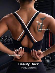 Women's Black & White Patchwork Criss-Cross Back Clasp Knit Sports Bra Spring Fall - Black and White - View 6