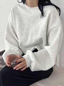 Women's Round Neck Sweatshirt, Printed Pattern With Eerie Vibe, Simple Casual - Light Grey - View 4