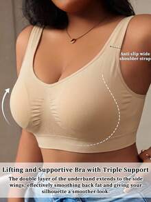 Oillpretty Black Plus Size Women's Wide Strap V-Neck Seamless Shaping Bra, Soft High Elasticity Wireless Support Tank Style Bra, Seamless Invisible Design To Smooth Back And Underarm Fat, Suitable For Dresses And Tops - Apricot - View 5