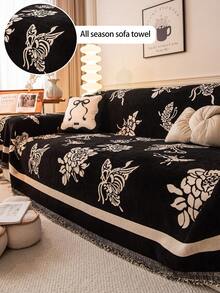 1pc Modern Minimalist Butterfly Pattern Chenille Sofa Cover Blanket, Dust-Proof Stain-Resistant Machine Washable Hand Washable Sofa Cover Cloth, Fashionable Fresh Sofa Slipcover, Pet-Friendly Protective Cover, Suitable For Bedroom, Office And Living Room Home Decor - Black - View 1