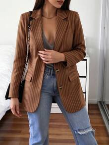 Women's Autumn Outing Outfit Top Striped Fashion Commute Lapel Long Sleeve Blazer - Coffee Brown - View 3