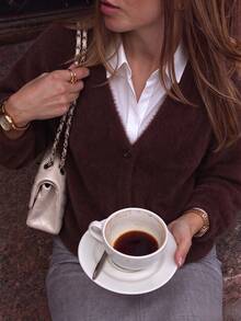 Women's Autumn/Winter Brown Luxe Soft Fuzzy Button Cardigan, Fluffy Knit Open Front Sweater, Modest Ribbed Knit Top, Loose Casual Commuter Versatile Cardigan - Brown - View 10