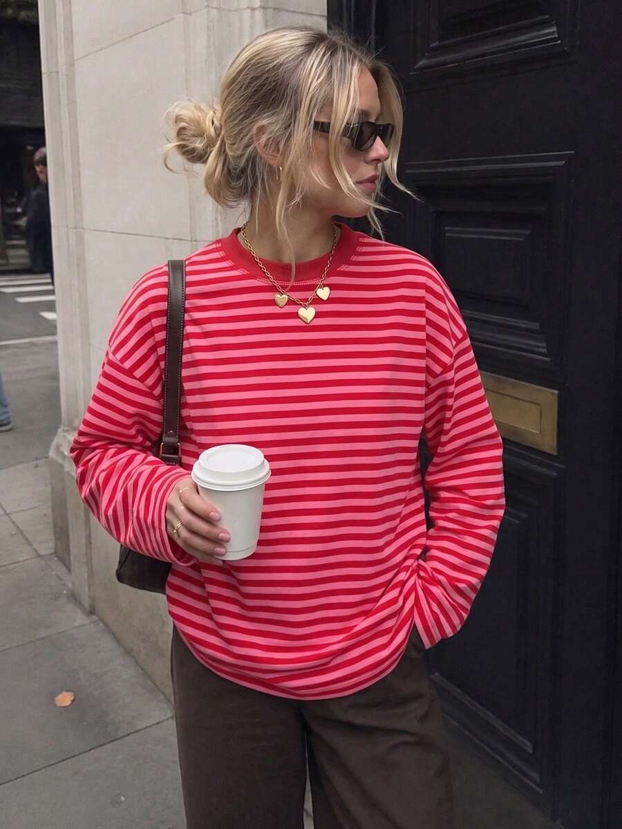 Women's Red & Pink Striped Long Sleeve Knit Top, Fashionable Versatile Commute & Home Comfortable Crew Neck Long Sleeve Top - Rose Red - View 1