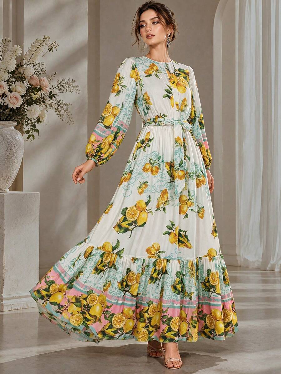 Women's New Elegant Charming Fashion Printed Flared Waist-Cinched Slimming Dress - Multicolor - View 1