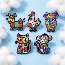 Colorful Patchwork Animal Enamel Pins, Cute Dog Rooster Elephant Cat Monkey Brooch, Cartoon Lapel Pin For Backpack Jacket Hat Decor, Lovely Gift - Multicolor - View 4