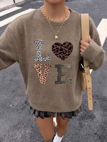 Plus Size Women's Heart & Leopard Print Faux Cashmere Top, Warm & Comfortable Casual Wear, Combining Relaxed Comfort With A Stylish, Look - Earth Gray - View 8