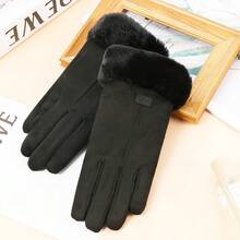 Faux Suede Fabric Full Finger Gloves, Slim Straight Shape With Plush Furry Cuff & Small Label Decoration, Touch Screen Design For Phone Operation,For Daily Commute, Shopping, Outdoor Walking, Christmas, New Year, Cold Autumn And Winter Days - Multicolor - View 17