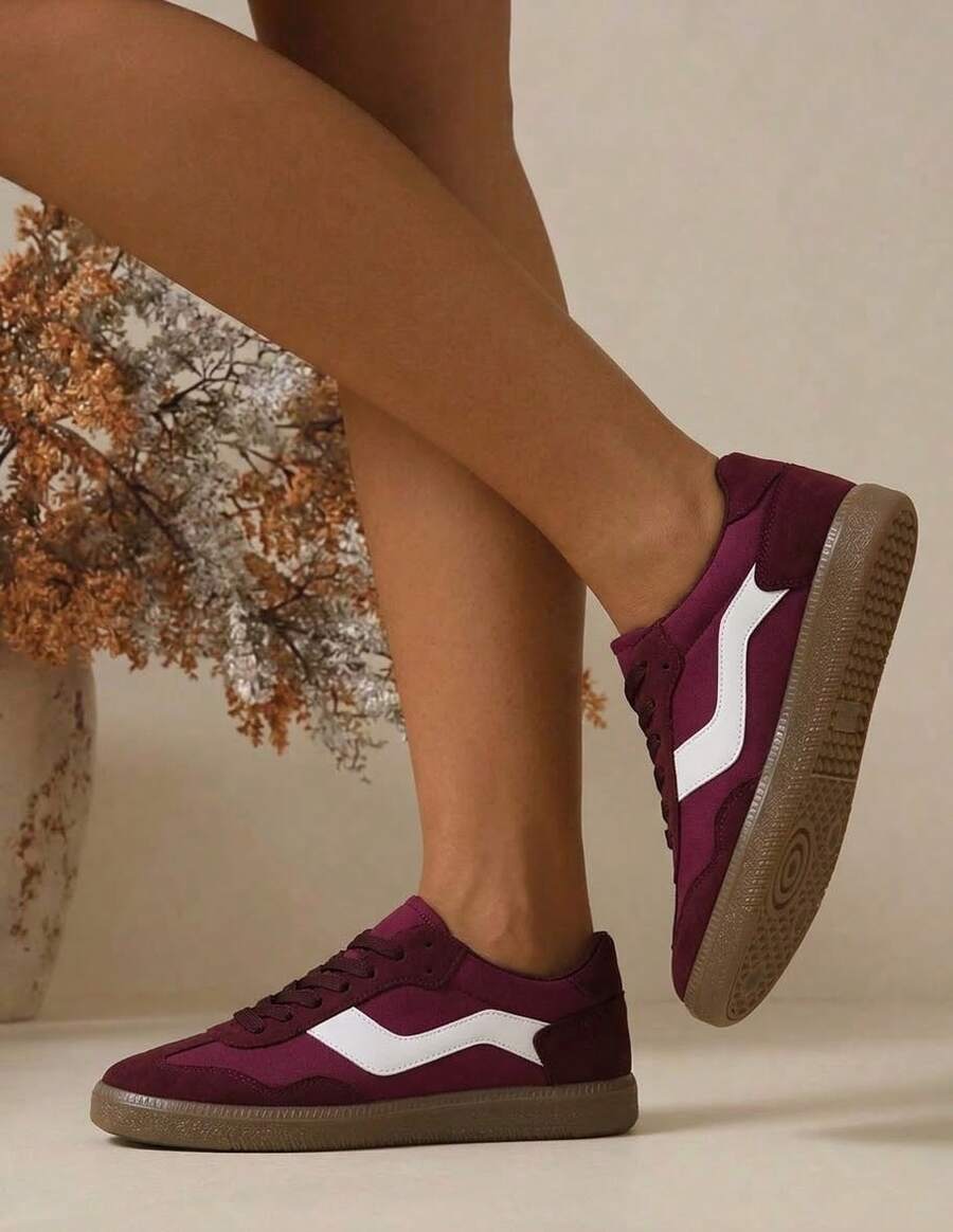 Zapatillas planas estilo vintage borgoña con cordones y diseño minimalista para mujer - Guinda - Ver 1