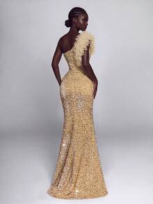 Elegant Women's Sequin Asymmetrical Neckline Long Formal Gown, Thigh-High Slit, Ruffle Shoulder Detail, Charming Evening Dress - Champagne - View 2