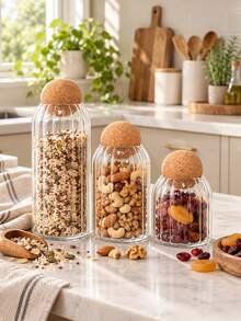 1pc Transparent Striped Glass Jar With Sealed Spherical Lid, Heat-Resistant And Moisture-Proof Food Storage Container For Coffee Beans, Spices, Salt, Dried Fruits, Herbal Tea And Desserts, Kitchen Storage Tool - Multicolor - View 5