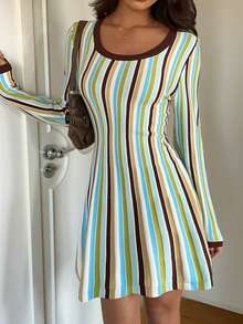 Women's Elegant Vacation Short Striped Knit Dress - Multicolor - View 2