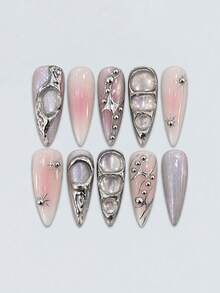 10pcs/Set Pink Gothic Style Handmade Nail Stickers Fake Nails, Y2K Nail Art Tool Set, Nail Accessories Decoration, Summer Women's Gift, Suitable For Girls And Women To Wear At Parties And Daily - Multicolor - View 9