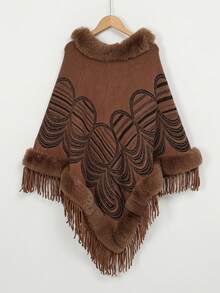 1pc Minimalist Versatile Circle Tassel Asymmetrical Pullover Fur Collar Jacket Shawl - Multicolor - View 5