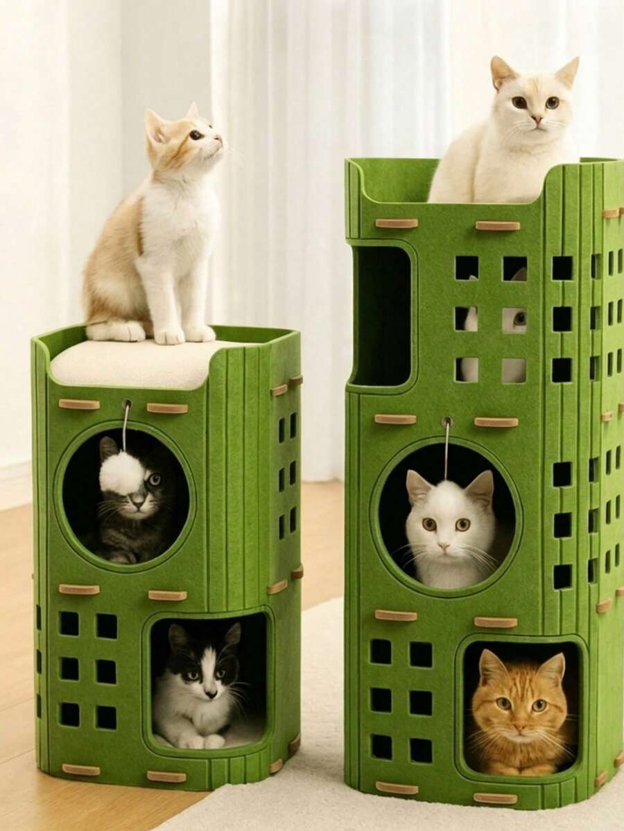PETSIN 3-Layer Felt Hollow Cat House,Vent Cat Tree,AllSeason In/OutBed,Scratch/Rest/Hide Cave,Enclosed Durable No-Shed Villa,Kitten/Adult - Multicolor - View 1