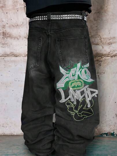 Skyrend Grunge Goth Y2K-stil herrjeans, avslappnade, broderade, lösa med vida ben, mångsidiga för alla årstider, personlig streetwear, scenframträdande